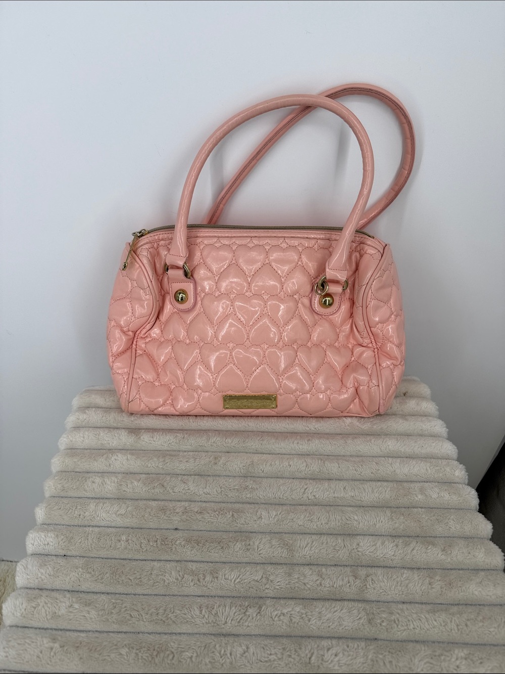 Vtg Betsey Johnson Quilted Light Pink Heart Satchel Handbag